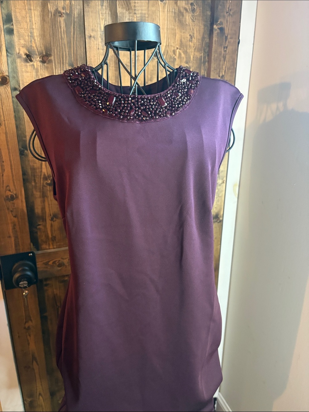 Sleeveless Beaded Neckline Dress in Plum